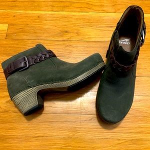 Dark Green Dansko Booties with Braided Belt Accent